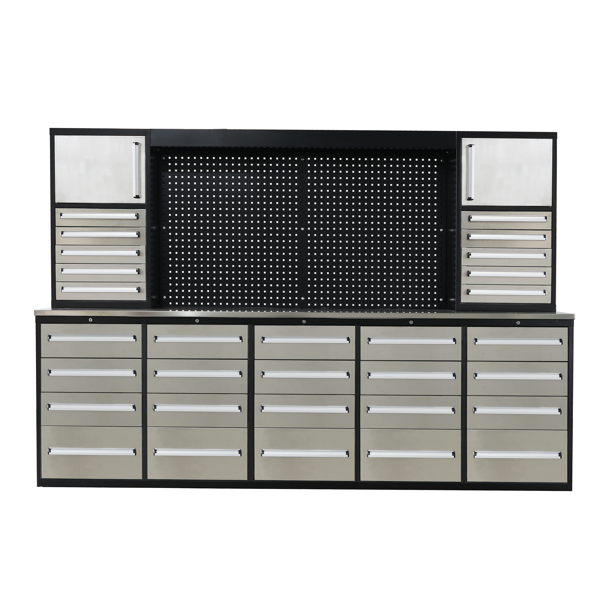 SELA Industrial 10FT-30D-2 Workbench Cabinet Combo With Pegboard, 30 Drawers & 2 Cabinets