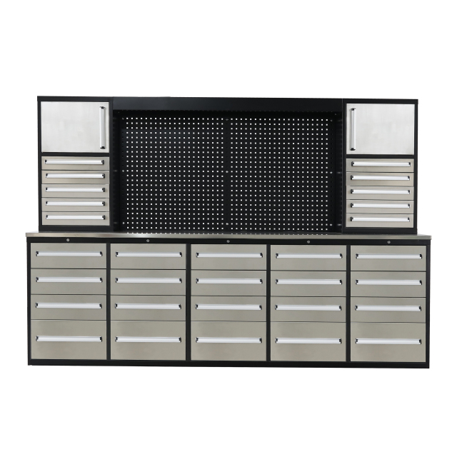 SELA Industrial 10FT-30D-2 Workbench Cabinet Combo With Pegboard, 30 Drawers & 2 Cabinets
