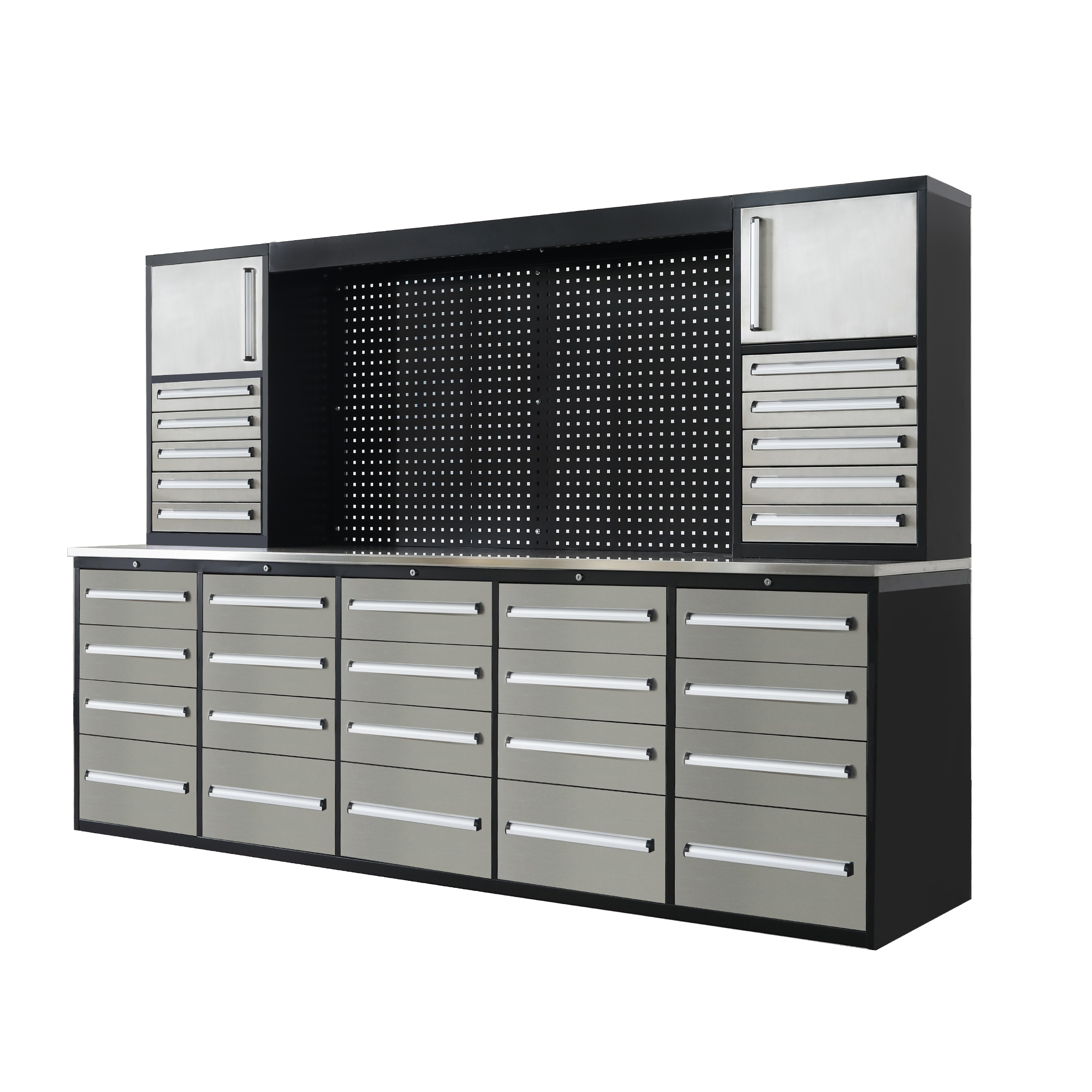 SELA Industrial 10FT-30D-2 Workbench Cabinet Combo With Pegboard, 30 Drawers & 2 Cabinets