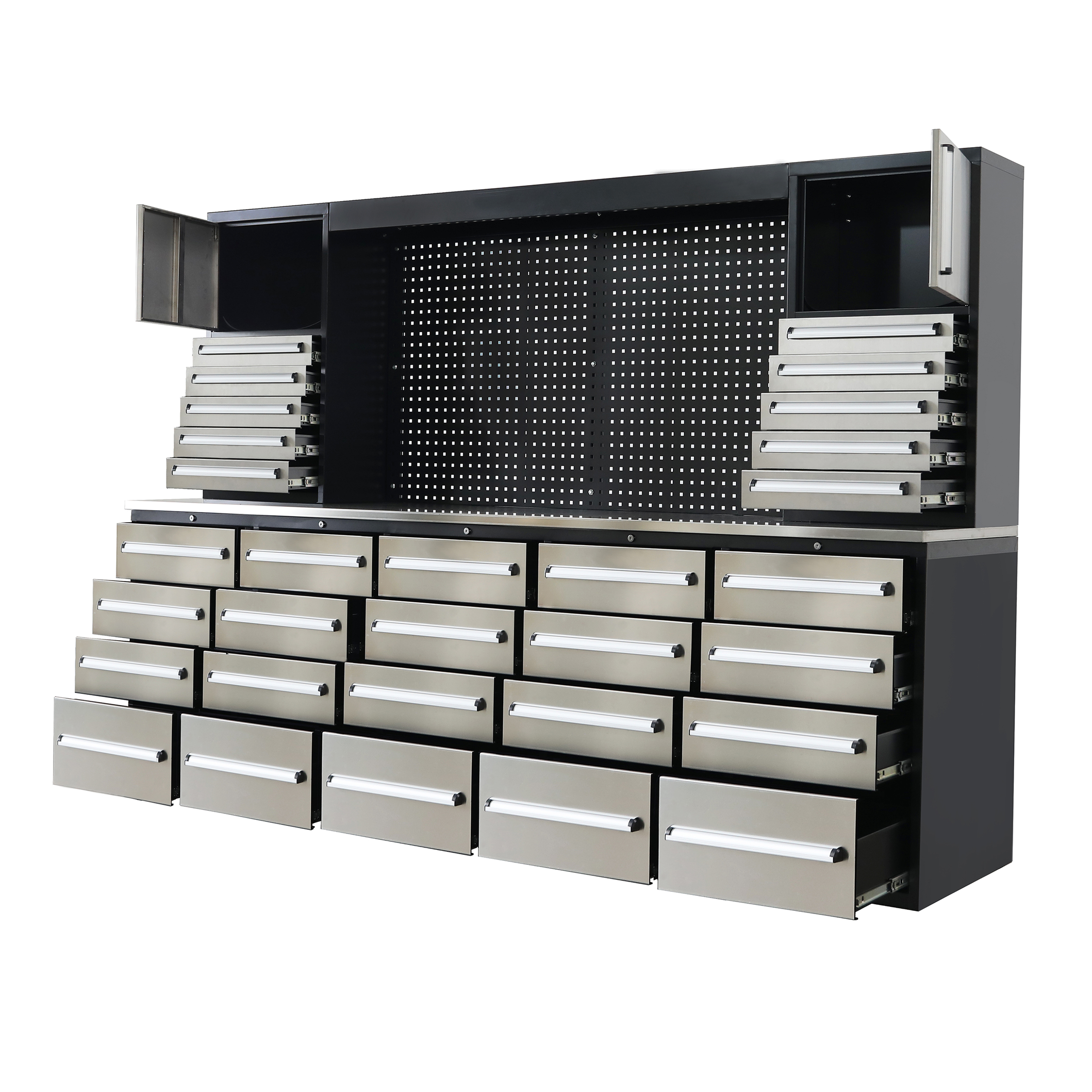 SELA Industrial 10FT-30D-2 Workbench Cabinet Combo With Pegboard, 30 Drawers & 2 Cabinets