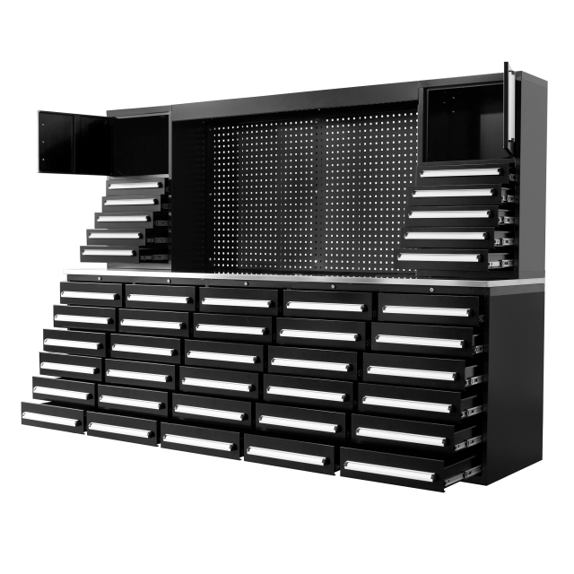 SELA Industrial 10FT-40D-2 Workbench Cabinet Combo With Pegboard, 40 Drawers & 2 Cabinets