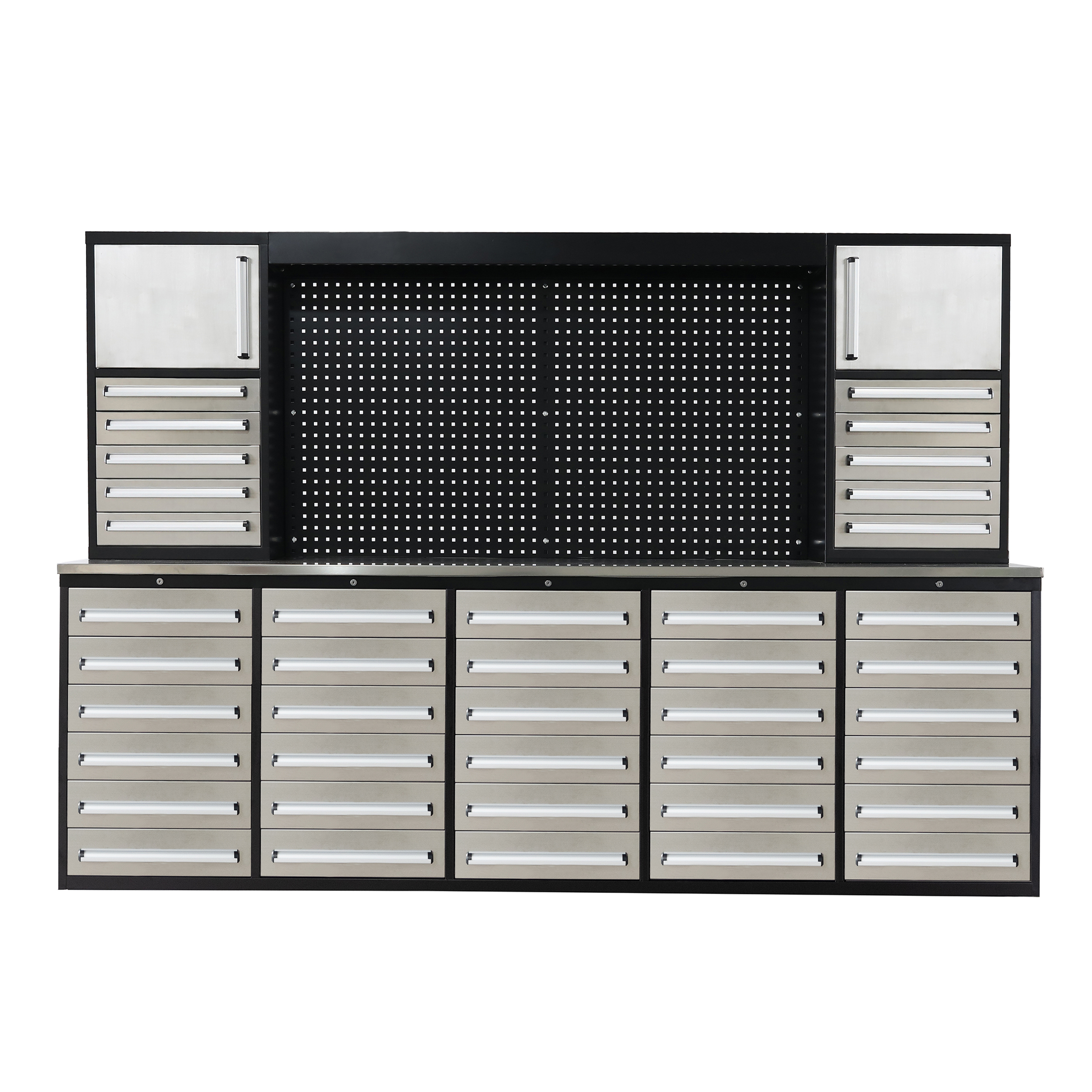 SELA Industrial 10FT-40D-2 Workbench Cabinet Combo With Pegboard, 40 Drawers & 2 Cabinets