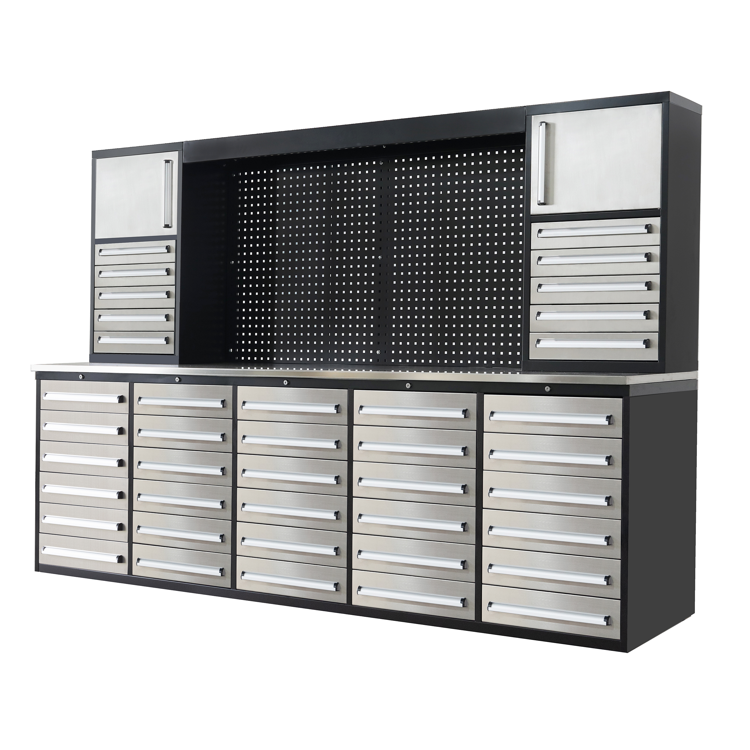 SELA Industrial 10FT-40D-2 Workbench Cabinet Combo With Pegboard, 40 Drawers & 2 Cabinets