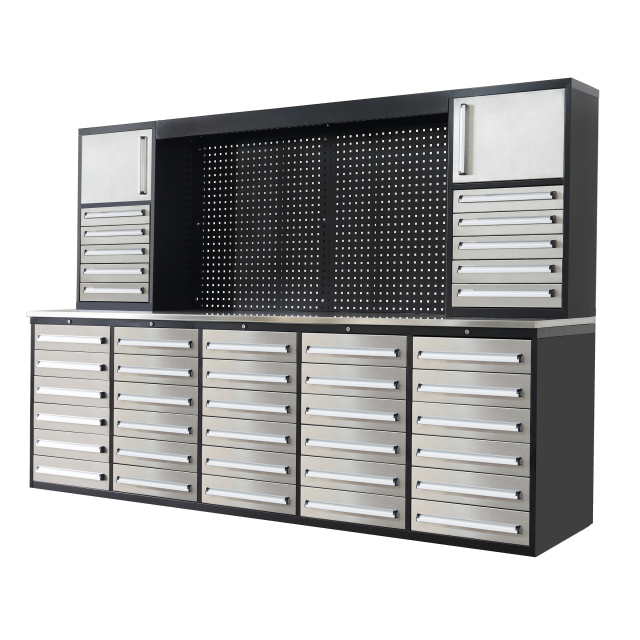 SELA Industrial 10FT-40D-2 Workbench Cabinet Combo With Pegboard, 40 Drawers & 2 Cabinets