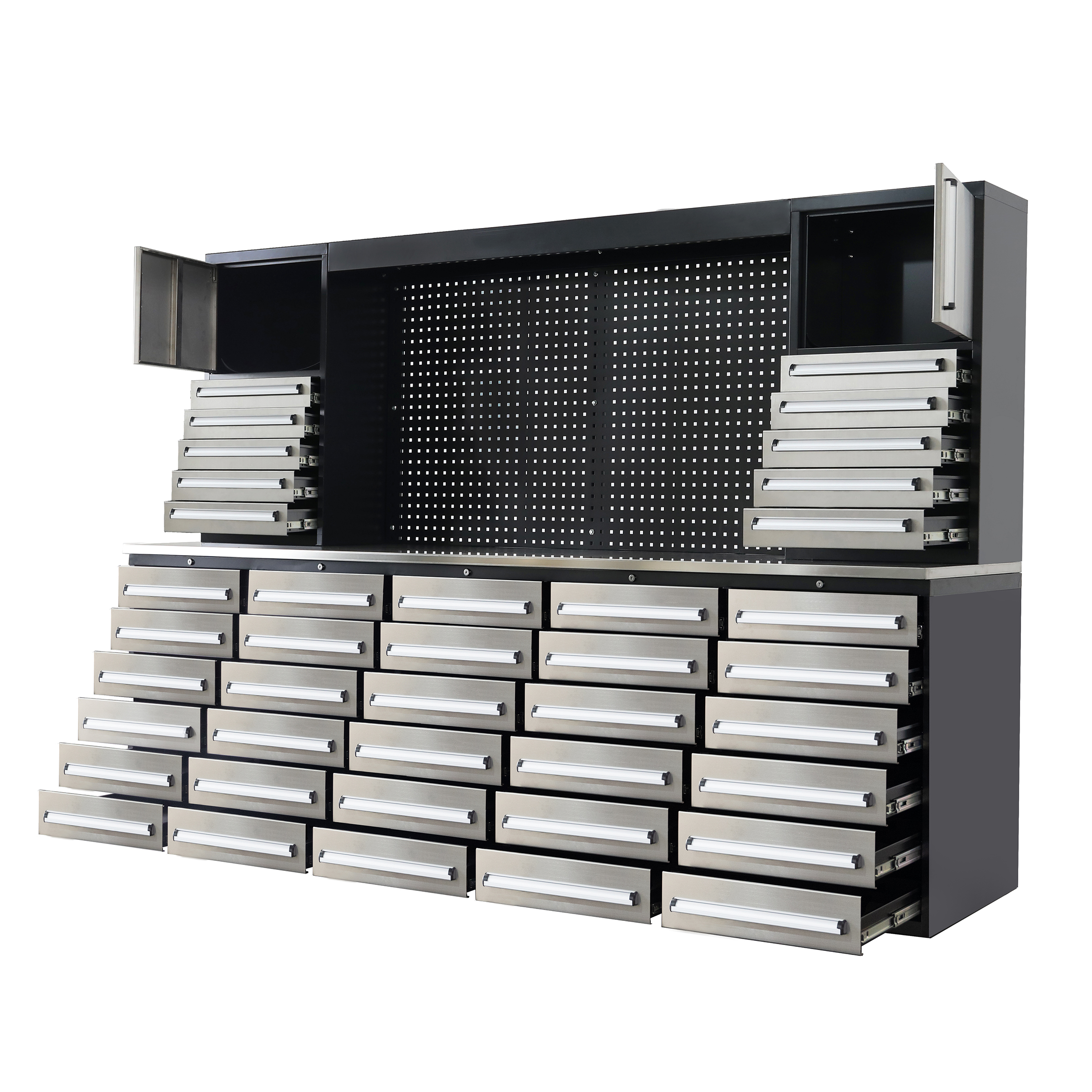 SELA Industrial 10FT-40D-2 Workbench Cabinet Combo With Pegboard, 40 Drawers & 2 Cabinets