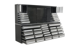 SELA Industrial 10FT-35D-3 Workbench Cabinet Combo With Pegboard, 35 Drawers & 2 Cabinets