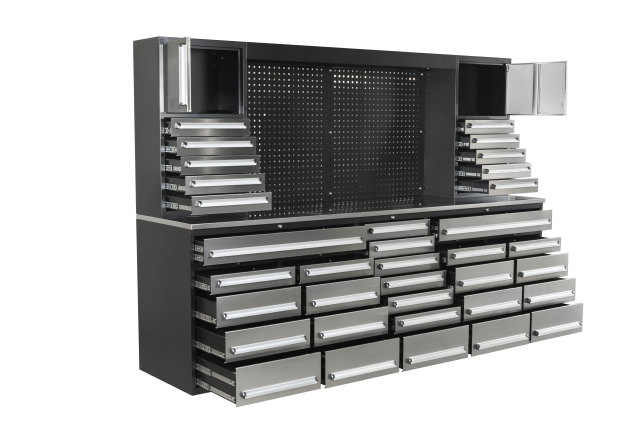 SELA Industrial 10FT-35D-3 Workbench Cabinet Combo With Pegboard, 35 Drawers & 2 Cabinets
