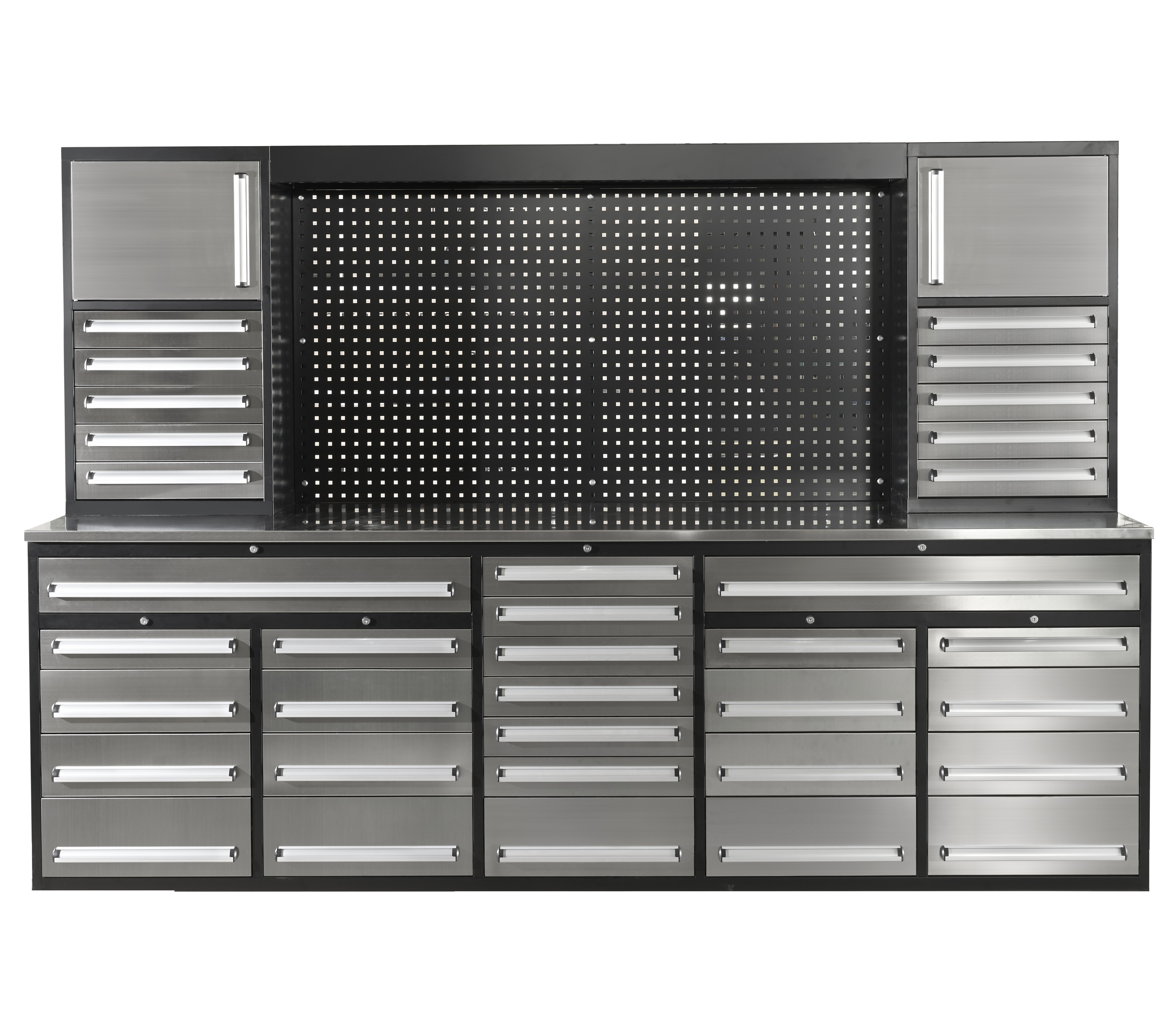SELA Industrial 10FT-35D-3 Workbench Cabinet Combo With Pegboard, 35 Drawers & 2 Cabinets
