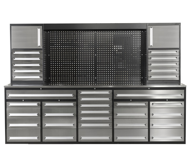 SELA Industrial 10FT-35D-3 Workbench Cabinet Combo With Pegboard, 35 Drawers & 2 Cabinets