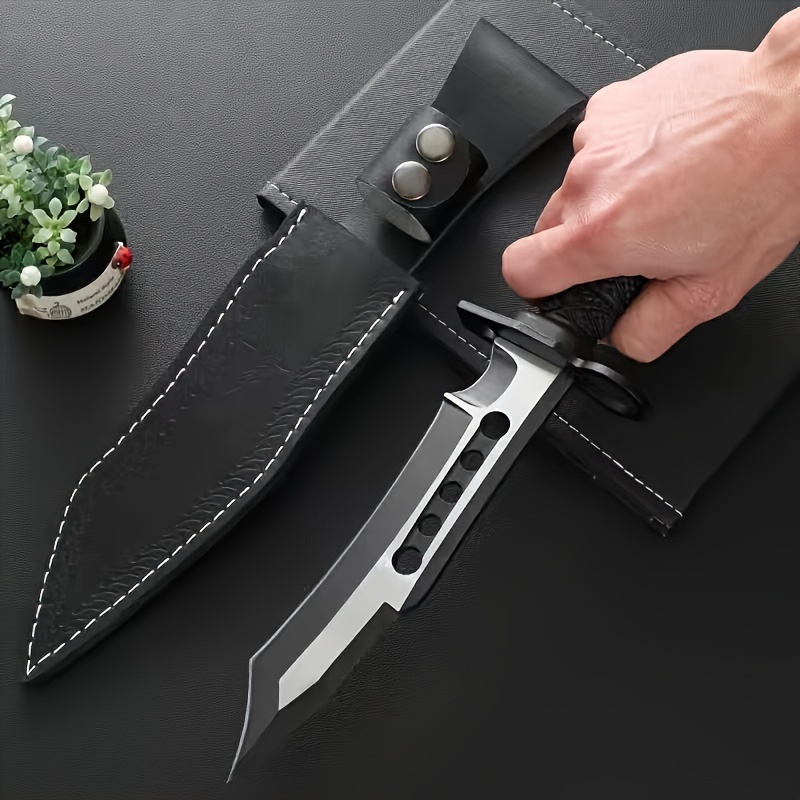 Outdoor Camping Survival Knife Self-Defense Wilderness Survival Tactics Straight Knife Long Swiss 4Cr13 Steel High Hardness Military Knife with Leather Knife Sleeve, Nylon Fiber Handle, Ideal for Meat, Fruit, Camping - Blade Design, One-piece Dragon Desi