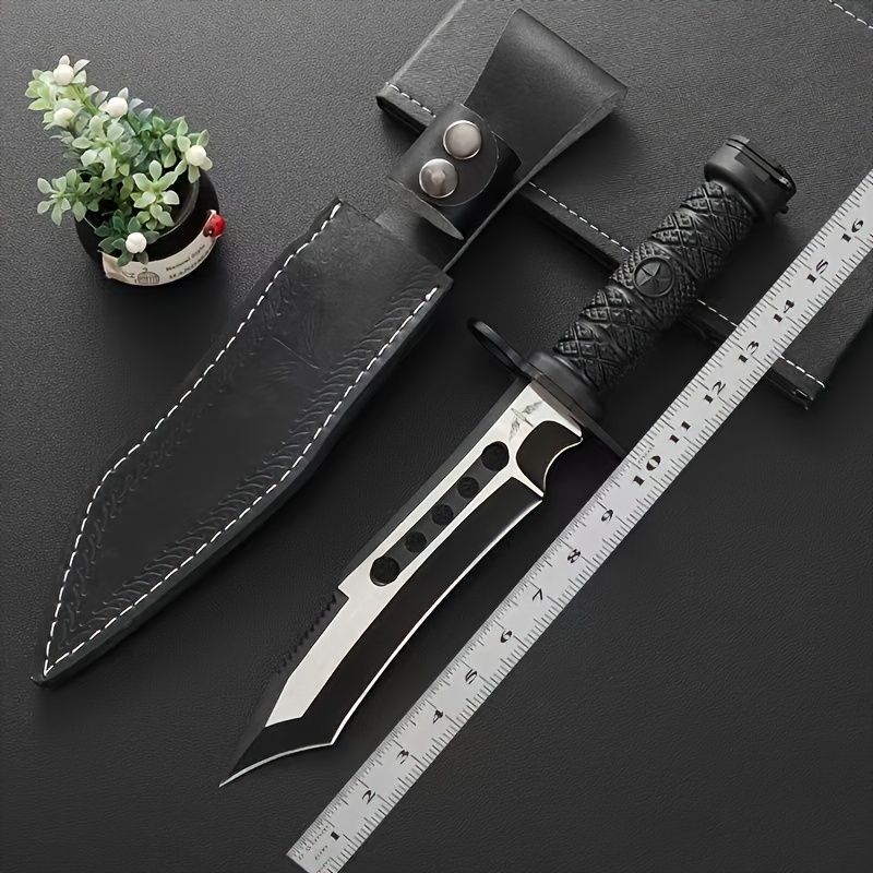 Outdoor Camping Survival Knife Self-Defense Wilderness Survival Tactics Straight Knife Long Swiss 4Cr13 Steel High Hardness Military Knife with Leather Knife Sleeve, Nylon Fiber Handle, Ideal for Meat, Fruit, Camping - Blade Design, One-piece Dragon Desi