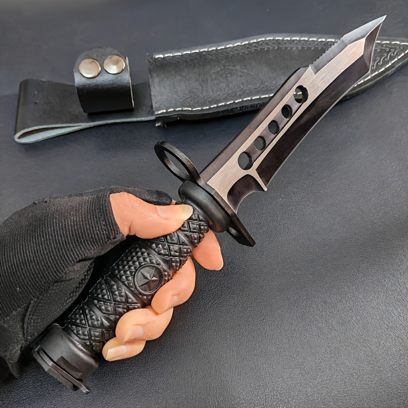 Outdoor Camping Survival Knife Self-Defense Wilderness Survival Tactics Straight Knife Long Swiss 4Cr13 Steel High Hardness Military Knife with Leather Knife Sleeve, Nylon Fiber Handle, Ideal for Meat, Fruit, Camping - Blade Design, One-piece Dragon Desi
