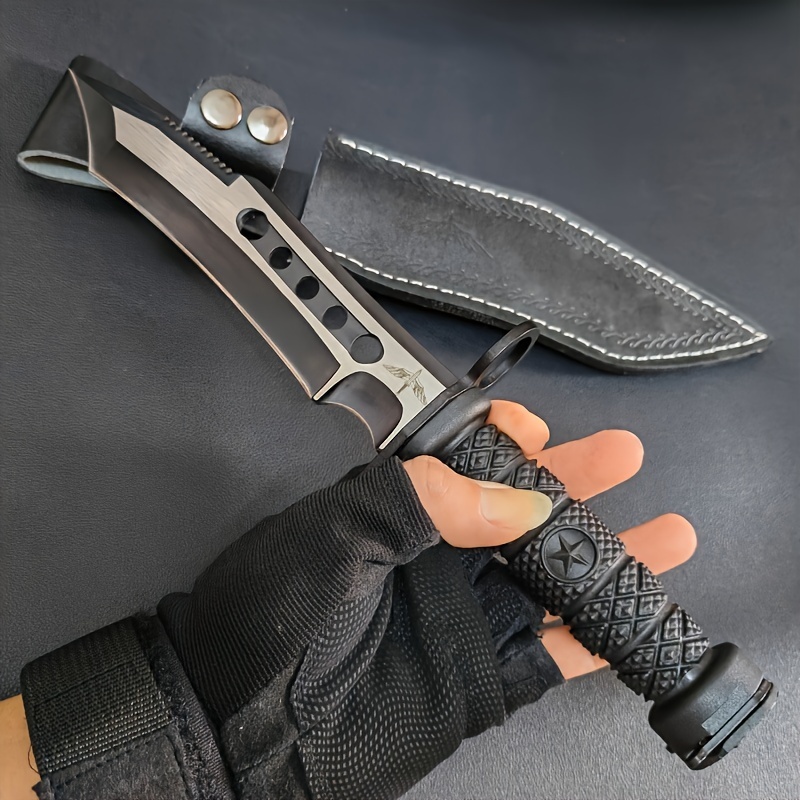 Outdoor Camping Survival Knife Self-Defense Wilderness Survival Tactics Straight Knife Long Swiss 4Cr13 Steel High Hardness Military Knife with Leather Knife Sleeve, Nylon Fiber Handle, Ideal for Meat, Fruit, Camping - Blade Design, One-piece Dragon Desi