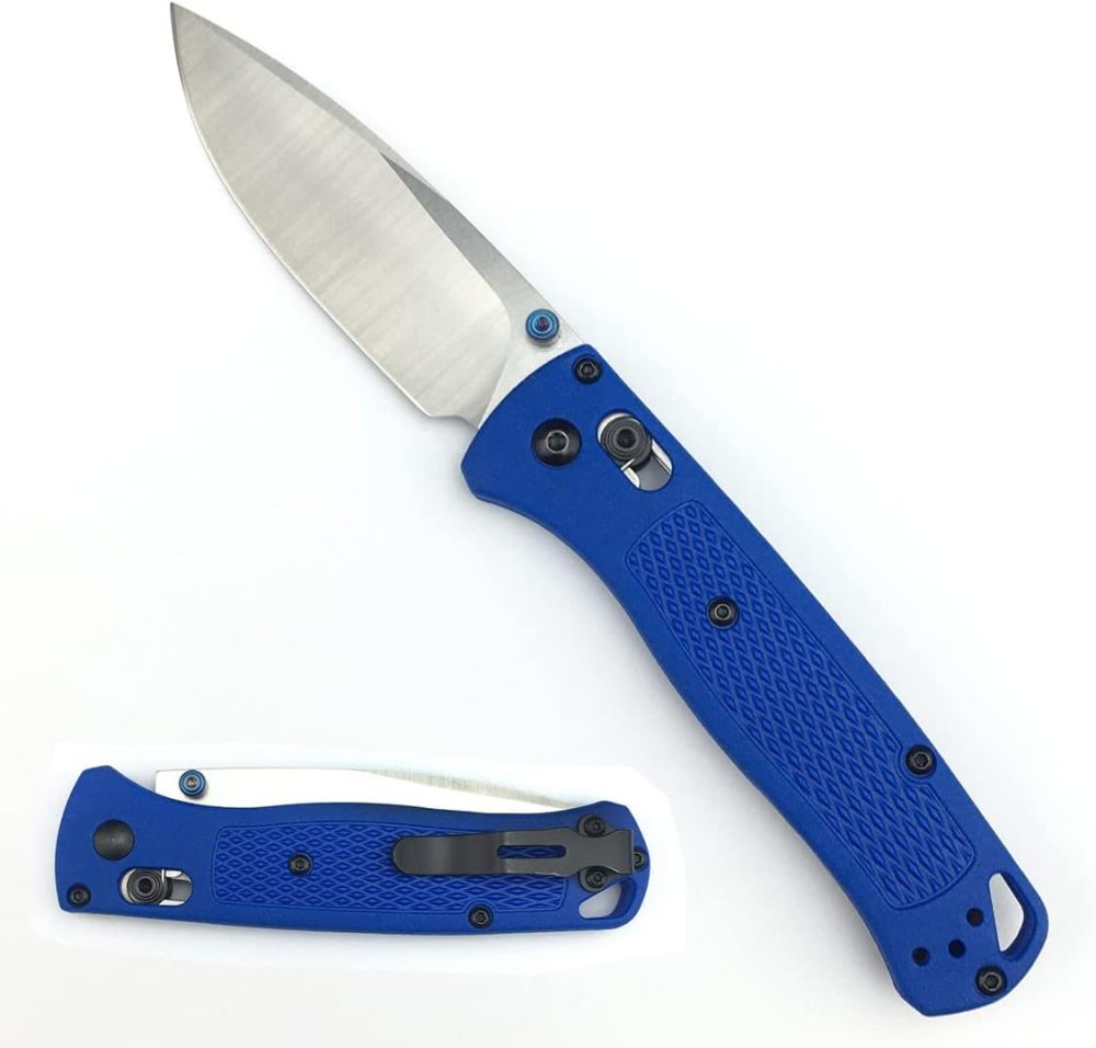 Outdoor Folding Knife, Hunting Knife, Thumb Nail Manual Open, 3" 8Cr13MoV Blade, Bearing Shaft Lock Knife, Satin Finish, Dropping Point, Blue Glass Reinforced Nylon Handle, Folding Pocket Knife