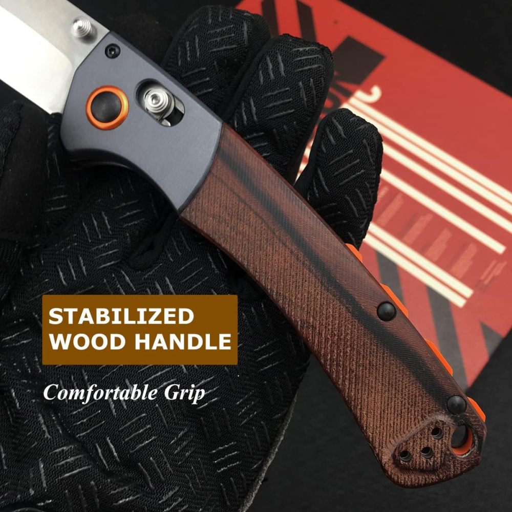 Outdoor Folding Knife, 15080, Hunting Pocket Knife, Axle Lock Knife with 3.7" (Approx. 9.9 cm) D2 Steel Blade Wood Handle, EDC Manual Opening Folding Pocket Knife, Carry Thumb Peg Manual Open, Camping Pocket Clip