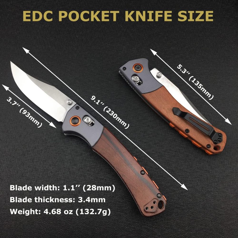 Outdoor Folding Knife, 15080, Hunting Pocket Knife, Axle Lock Knife with 3.7" (Approx. 9.9 cm) D2 Steel Blade Wood Handle, EDC Manual Opening Folding Pocket Knife, Carry Thumb Peg Manual Open, Camping Pocket Clip