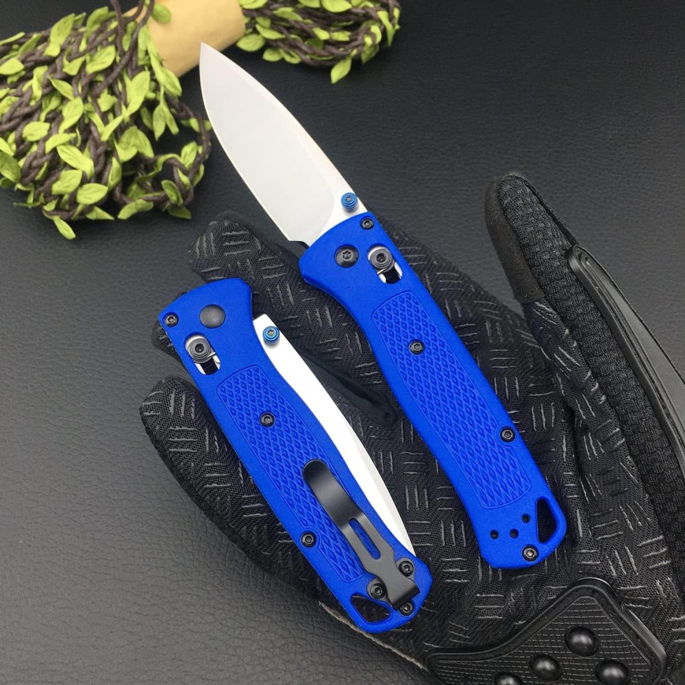 Outdoor Folding Knife, Hunting Knife, Thumb Nail Manual Open, 3" 8Cr13MoV Blade, Bearing Shaft Lock Knife, Satin Finish, Dropping Point, Blue Glass Reinforced Nylon Handle, Folding Pocket Knife