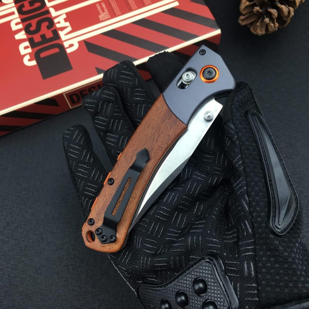 Outdoor Folding Knife, 15080, Hunting Pocket Knife, Axle Lock Knife with 3.7" (Approx. 9.9 cm) D2 Steel Blade Wood Handle, EDC Manual Opening Folding Pocket Knife, Carry Thumb Peg Manual Open, Camping Pocket Clip