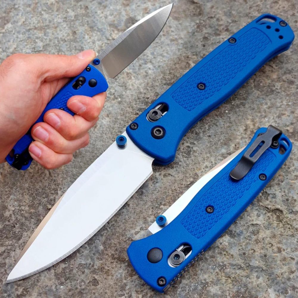 Outdoor Folding Knife, Hunting Knife, Thumb Nail Manual Open, 3" 8Cr13MoV Blade, Bearing Shaft Lock Knife, Satin Finish, Dropping Point, Blue Glass Reinforced Nylon Handle, Folding Pocket Knife