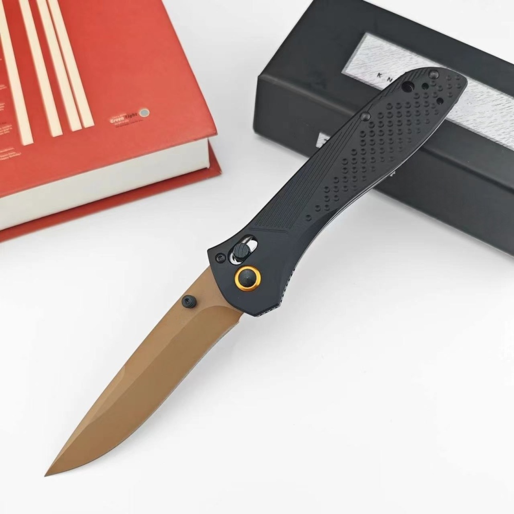 Multi-Purpose Hunting Knife, Outdoor Folding Knife, Side-Jump Lock Knife, CNC Fine Grinding Process, Aviation Aluminum Black Handle, 3.7 Inch Gold Plated Titanium D2 Blade, BM 710FE Model, Ultra-Portable Everyday Carrying Folding Knife |