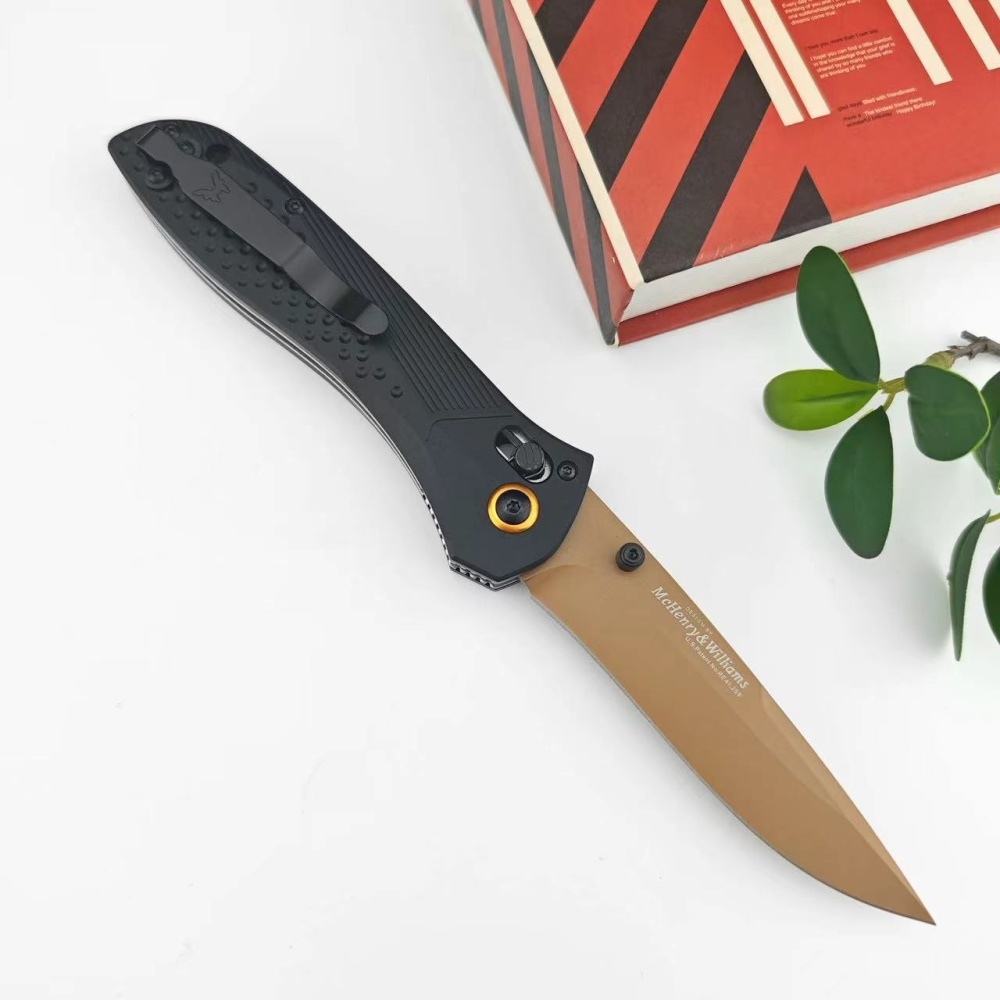 Multi-Purpose Hunting Knife, Outdoor Folding Knife, Side-Jump Lock Knife, CNC Fine Grinding Process, Aviation Aluminum Black Handle, 3.7 Inch Gold Plated Titanium D2 Blade, BM 710FE Model, Ultra-Portable Everyday Carrying Folding Knife |