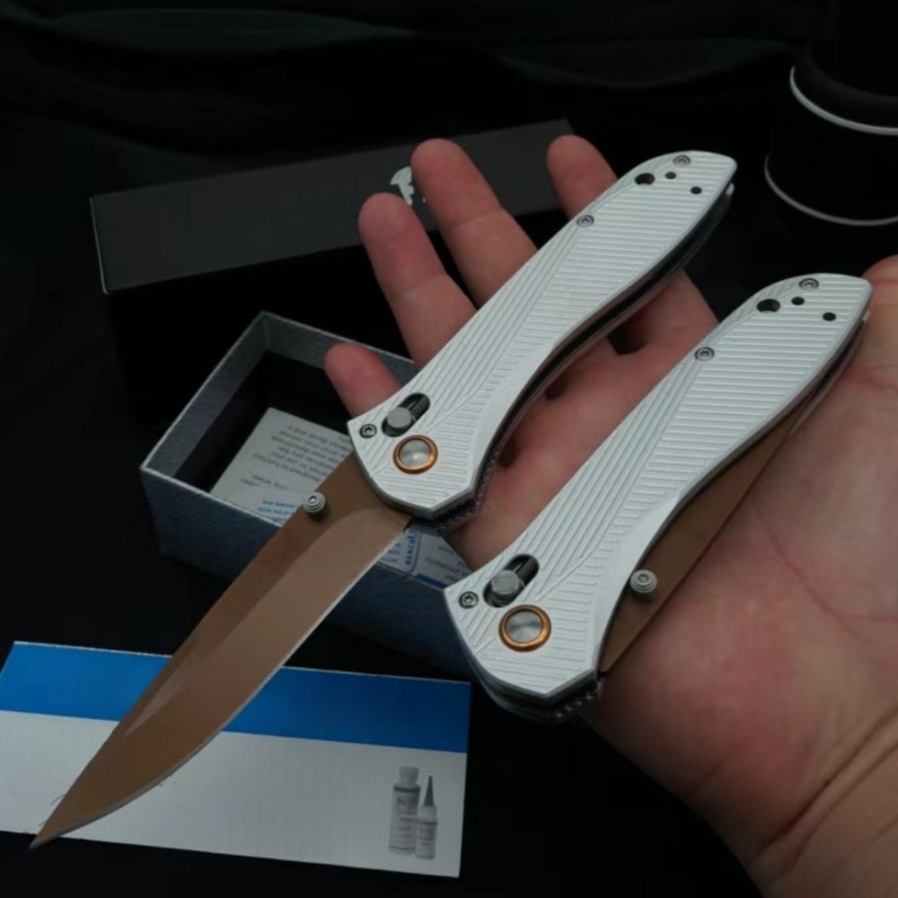 Outdoor Folding Knife, Side Jump Lock Quick Open Knife, Multi-Purpose Hunting Knife, CNC Fine Grinding Process, Aviation Aluminum Silver Handle ,3.7 Inch Blade, BM 710FE Model, Gold Plated Titanium D2 Blade, High Quality Knife, Outdoor Enthusiast Gif