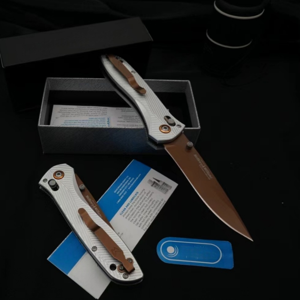 Outdoor Folding Knife, Side Jump Lock Quick Open Knife, Multi-Purpose Hunting Knife, CNC Fine Grinding Process, Aviation Aluminum Silver Handle ,3.7 Inch Blade, BM 710FE Model, Gold Plated Titanium D2 Blade, High Quality Knife, Outdoor Enthusiast Gif
