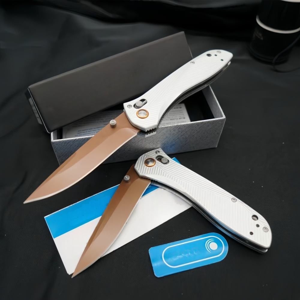 Outdoor Folding Knife, Side Jump Lock Quick Open Knife, Multi-Purpose Hunting Knife, CNC Fine Grinding Process, Aviation Aluminum Silver Handle ,3.7 Inch Blade, BM 710FE Model, Gold Plated Titanium D2 Blade, High Quality Knife, Outdoor Enthusiast Gif