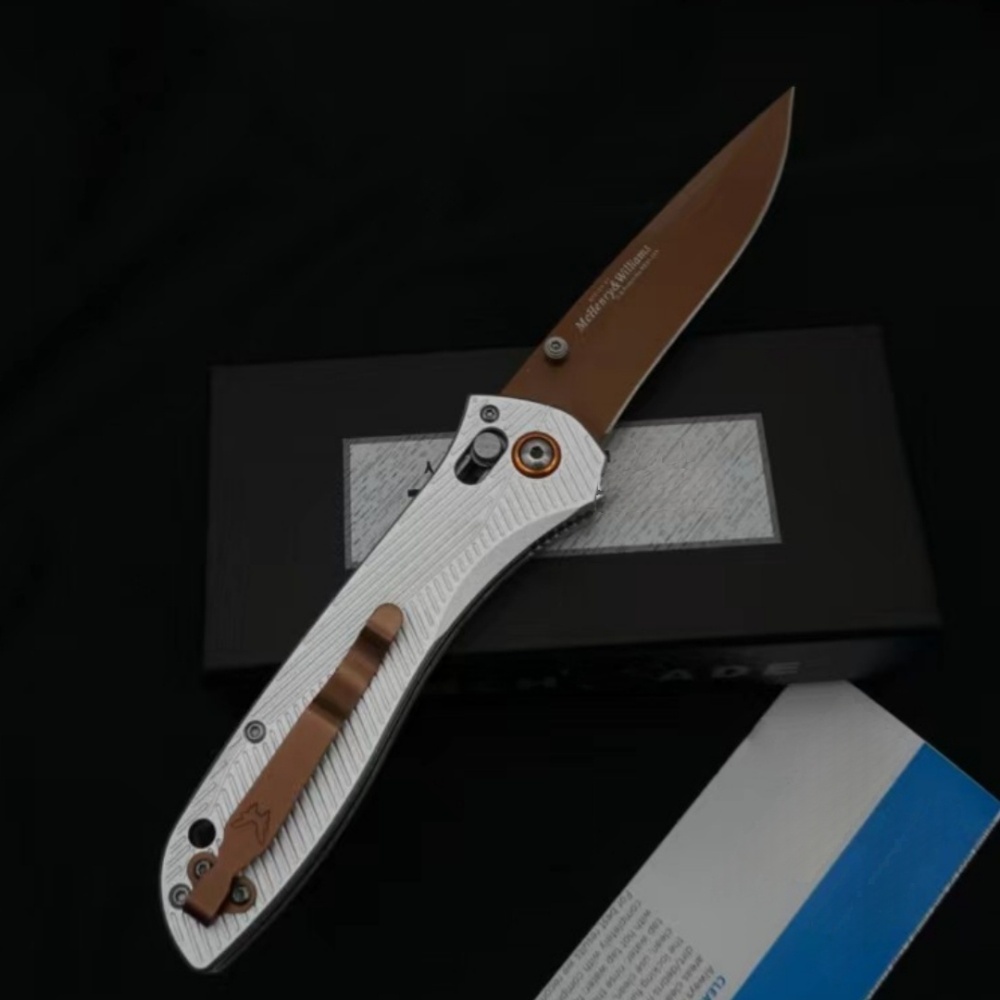 Outdoor Folding Knife, Side Jump Lock Quick Open Knife, Multi-Purpose Hunting Knife, CNC Fine Grinding Process, Aviation Aluminum Silver Handle ,3.7 Inch Blade, BM 710FE Model, Gold Plated Titanium D2 Blade, High Quality Knife, Outdoor Enthusiast Gif