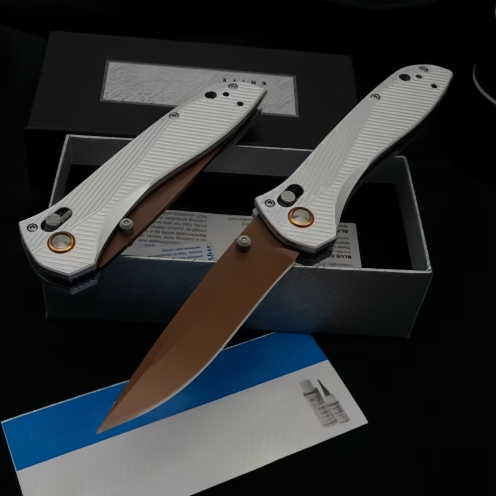 Outdoor Folding Knife, Side Jump Lock Quick Open Knife, Multi-Purpose Hunting Knife, CNC Fine Grinding Process, Aviation Aluminum Silver Handle ,3.7 Inch Blade, BM 710FE Model, Gold Plated Titanium D2 Blade, High Quality Knife, Outdoor Enthusiast Gif