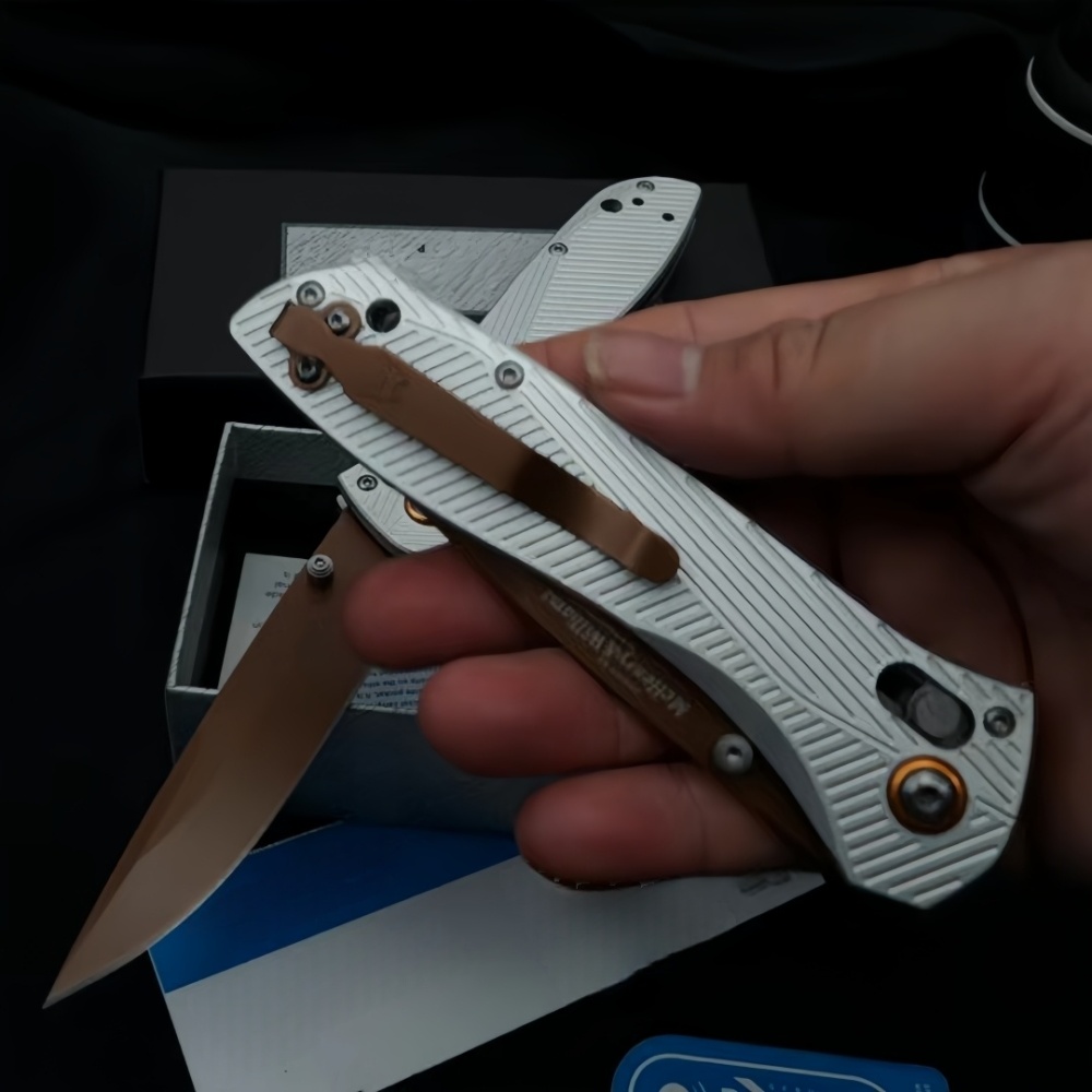 Outdoor Folding Knife, Side Jump Lock Quick Open Knife, Multi-Purpose Hunting Knife, CNC Fine Grinding Process, Aviation Aluminum Silver Handle ,3.7 Inch Blade, BM 710FE Model, Gold Plated Titanium D2 Blade, High Quality Knife, Outdoor Enthusiast Gif