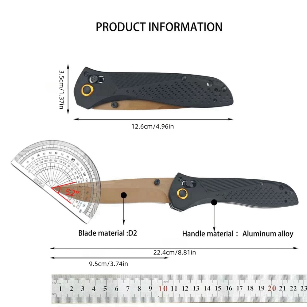 Multi-Purpose Hunting Knife, Outdoor Folding Knife, Side-Jump Lock Knife, CNC Fine Grinding Process, Aviation Aluminum Black Handle, 3.7 Inch Gold Plated Titanium D2 Blade, BM 710FE Model, Ultra-Portable Everyday Carrying Folding Knife |