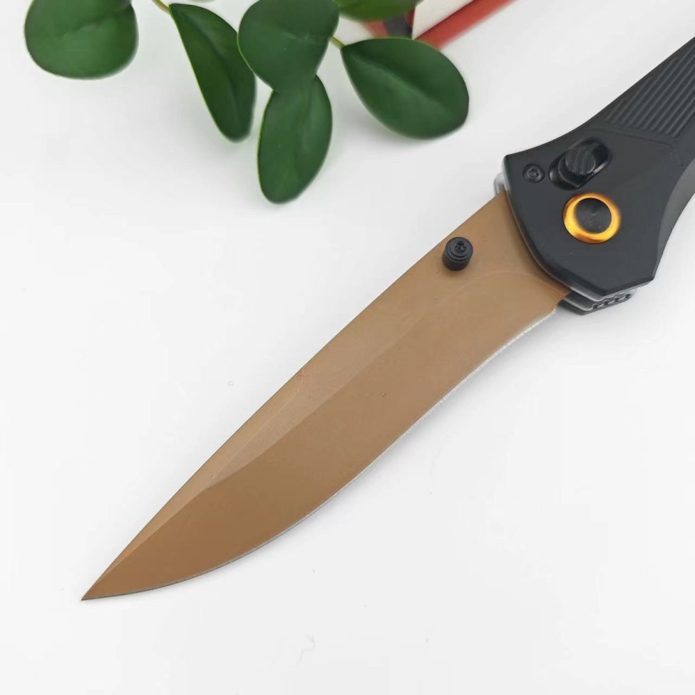 Multi-Purpose Hunting Knife, Outdoor Folding Knife, Side-Jump Lock Knife, CNC Fine Grinding Process, Aviation Aluminum Black Handle, 3.7 Inch Gold Plated Titanium D2 Blade, BM 710FE Model, Ultra-Portable Everyday Carrying Folding Knife |