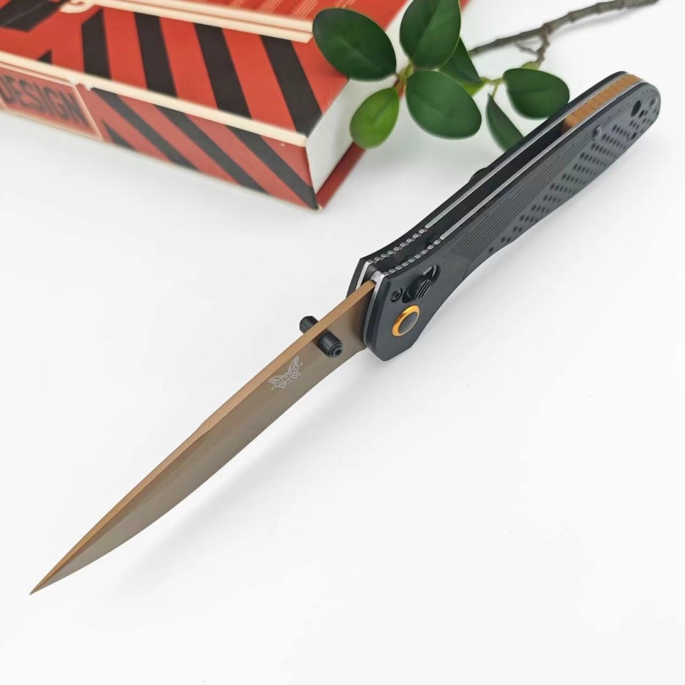 Multi-Purpose Hunting Knife, Outdoor Folding Knife, Side-Jump Lock Knife, CNC Fine Grinding Process, Aviation Aluminum Black Handle, 3.7 Inch Gold Plated Titanium D2 Blade, BM 710FE Model, Ultra-Portable Everyday Carrying Folding Knife |