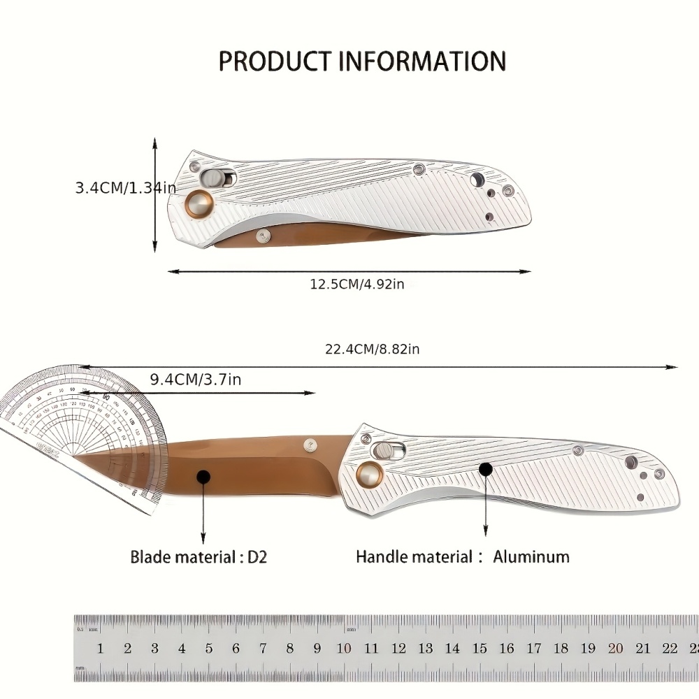 Outdoor Folding Knife, Side Jump Lock Quick Open Knife, Multi-Purpose Hunting Knife, CNC Fine Grinding Process, Aviation Aluminum Silver Handle ,3.7 Inch Blade, BM 710FE Model, Gold Plated Titanium D2 Blade, High Quality Knife, Outdoor Enthusiast Gif