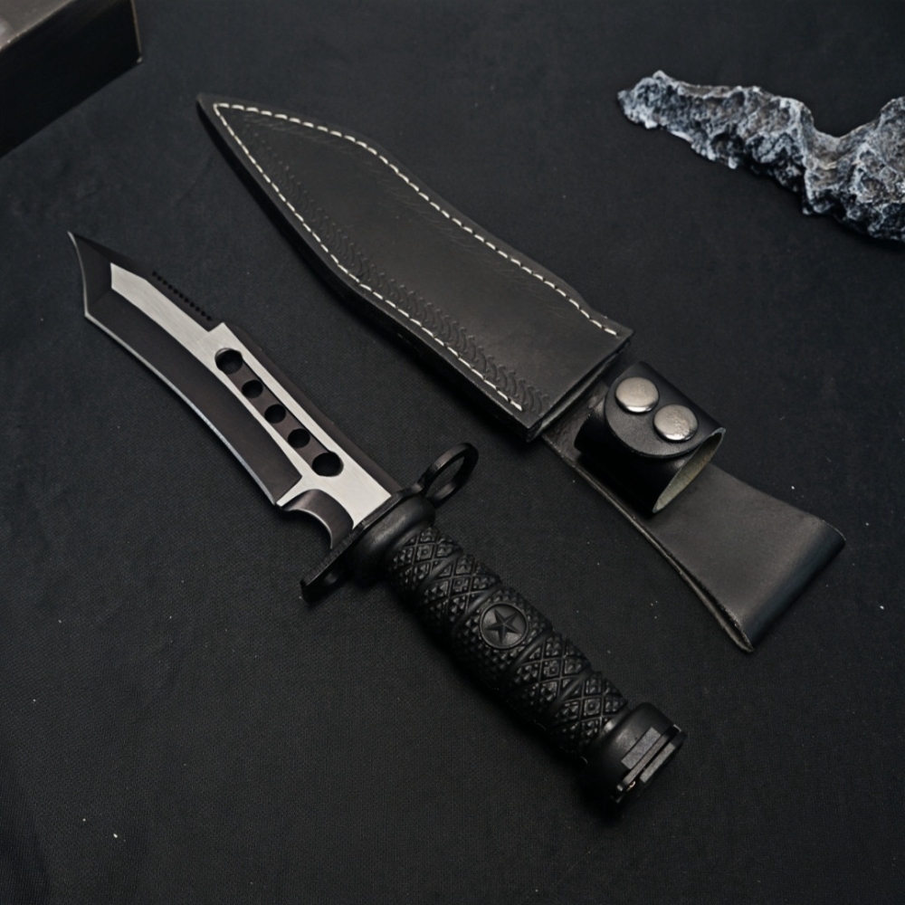 Outdoor Camping Survival Knife, Tactical Straight Knife Long Swiss 4Cr13 Steel High Hardness Saber with Leather Knife Sleeve, Nylon Fiber Handle for Hunting, Self-Defense, Self-Defense, Camping - Blade Design, One-piece Dragon Design