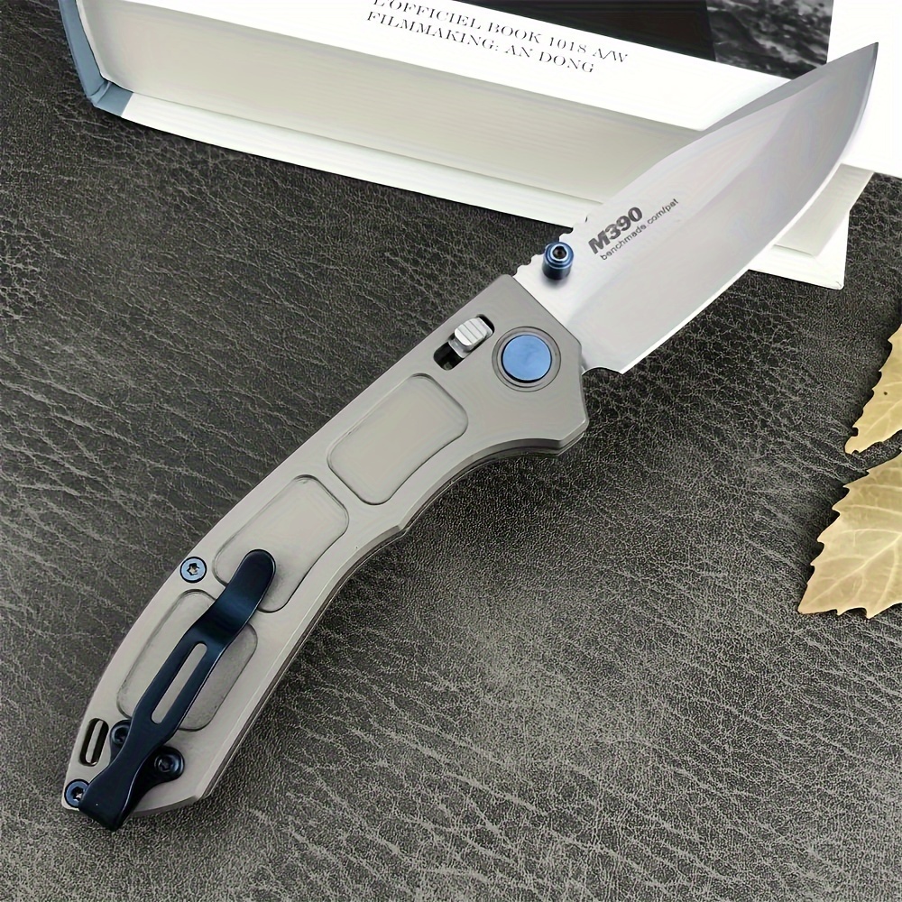 Folding pocket knife 748 knife 3.43 inch M390 knitted drop point knife gray titanium alloy camping outdoor practical wilderness knife, men's gift, doomsday equipment