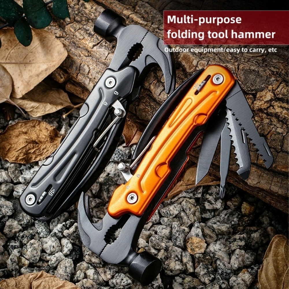 Stainless steel hammer for outdoor camping, multi-function claw hammer with lock, woodworking vehicle safety folding hammer, small escape hammer for broken windows, pliers for home outdoor emergency tools