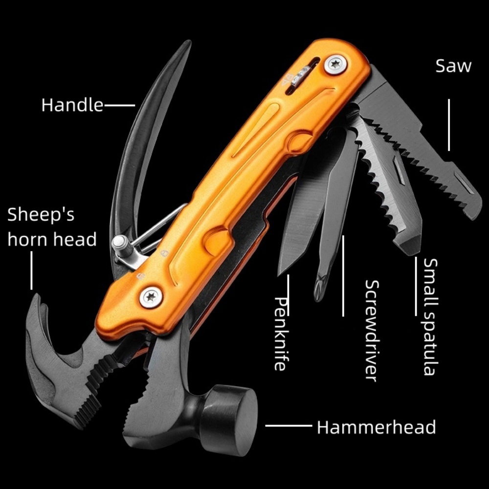 Stainless steel hammer for outdoor camping, multi-function claw hammer with lock, woodworking vehicle safety folding hammer, small escape hammer for broken windows, pliers for home outdoor emergency tools