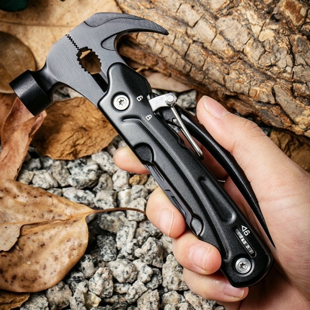 Stainless steel hammer for outdoor camping, multi-function claw hammer with lock, woodworking vehicle safety folding hammer, small escape hammer for broken windows, pliers for home outdoor emergency tools