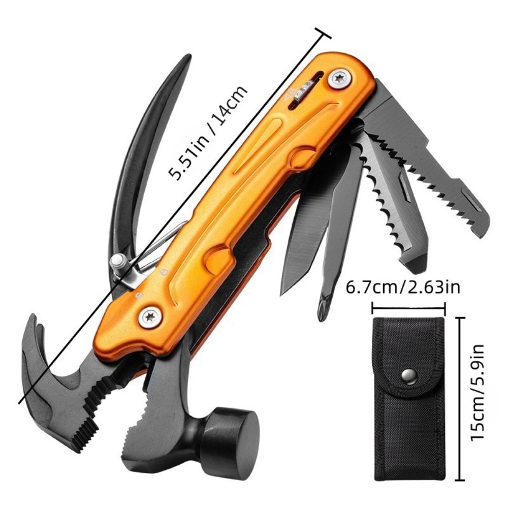 Stainless steel hammer for outdoor camping, multi-function claw hammer with lock, woodworking vehicle safety folding hammer, small escape hammer for broken windows, pliers for home outdoor emergency tools