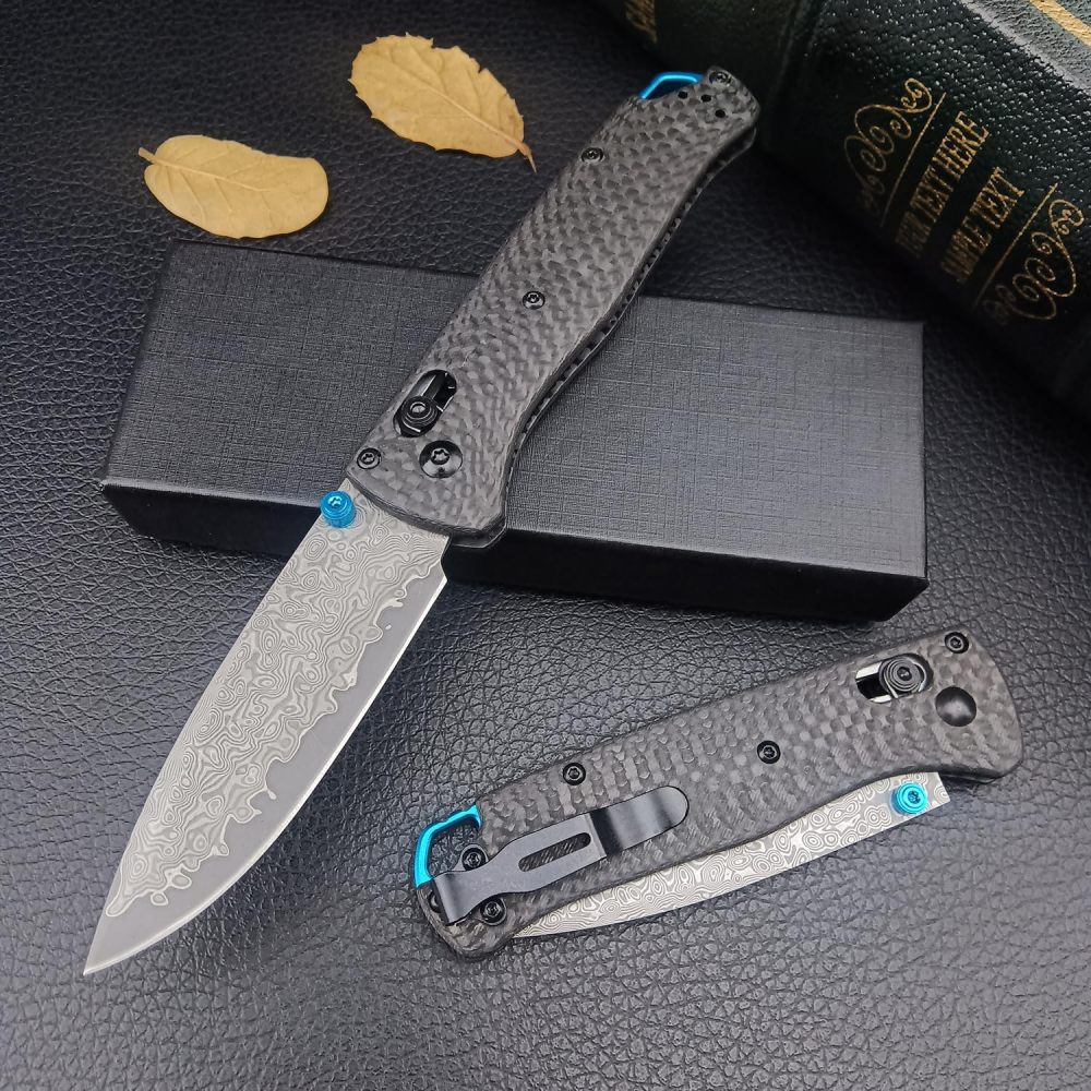Tactical folding knife, textured grip carbon fiber handle with blue accents, ergonomic EDC camping knife suitable for outdoor survival and daily carrying, high hardness blade, spear tip Damascus steel blade, good gift, knife fan collector
