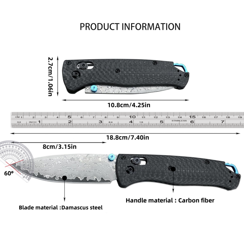 Tactical folding knife, textured grip carbon fiber handle with blue accents, ergonomic EDC camping knife suitable for outdoor survival and daily carrying, high hardness blade, spear tip Damascus steel blade, good gift, knife fan collector