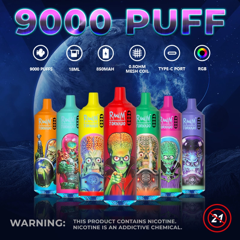 Original RandM Tornado 9000 Puffs Disposable Vape 0% 2% 5% E Cigarettes Puff 9K Vaper 18ml Pod 850mAh Rechargeable Battery Pen