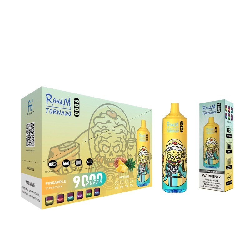 Original RandM Tornado 9000 Puffs Disposable Vape 0% 2% 5% E Cigarettes Puff 9K Vaper 18ml Pod 850mAh Rechargeable Battery Pen