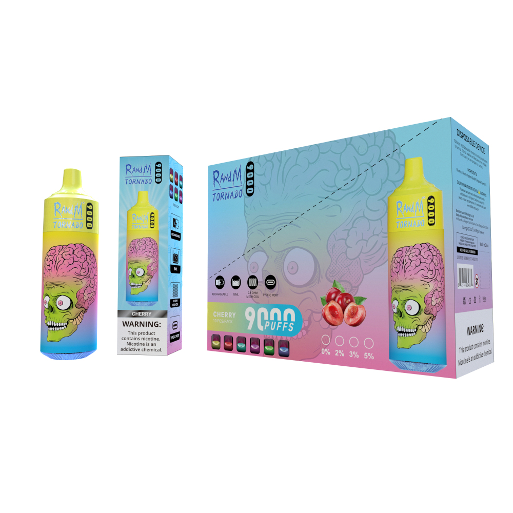 Original RandM Tornado 9000 Puffs Disposable Vape 0% 2% 5% E Cigarettes Puff 9K Vaper 18ml Pod 850mAh Rechargeable Battery Pen