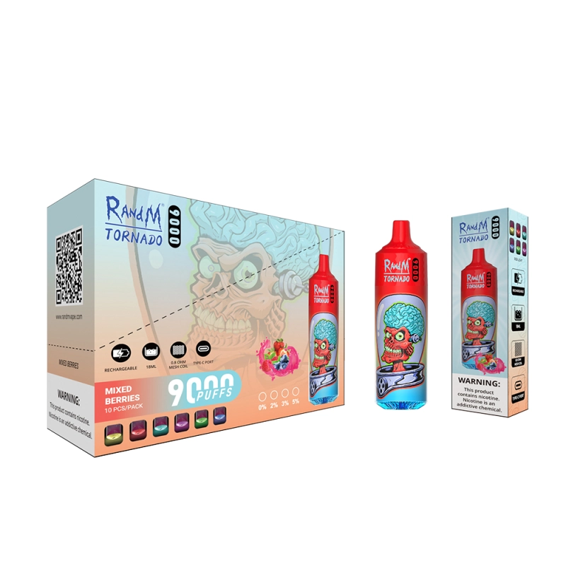 Original RandM Tornado 9000 Puffs Disposable Vape 0% 2% 5% E Cigarettes Puff 9K Vaper 18ml Pod 850mAh Rechargeable Battery Pen