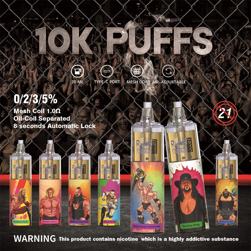 Original RandM Tornado 10000 Puffs E Cigarettes Disposable Vape Puff 10k 0% 2% 5% 20ml Prefilled Pod Mesh Coil 850mah Rechargeable Battery Pen