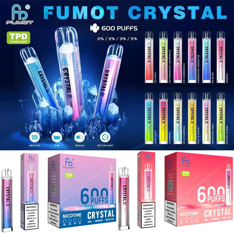 RandM Crystal 600 Puffs E Cigarettes Disposable Vape Puff 600 0% 2% 5% 2ml Prefilled Pod Mesh Coil 500mah Rechargeable Fumot Pen