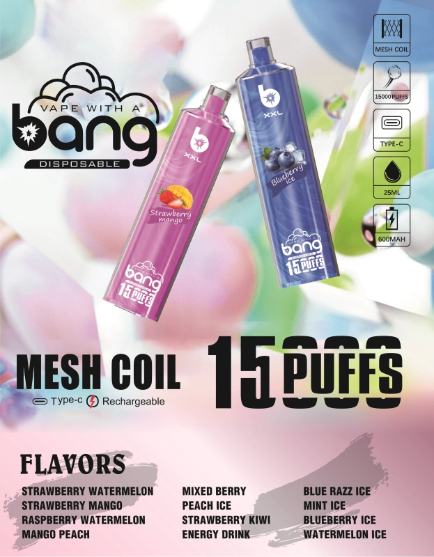 Bang XXL Puff 15k 15000 Puffs Disposable E Cigarettes Vape Crystal 0% 2% 3% 5% 25ml Prefilled Pod Mesh Coil 600mah Rechargeable Vaper Adjustable Airflow Pen